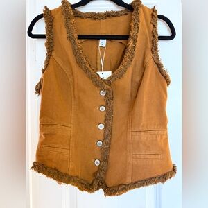 NWT Futario Washed Caramel Denim With Brass Button Stitching Vest Size Small